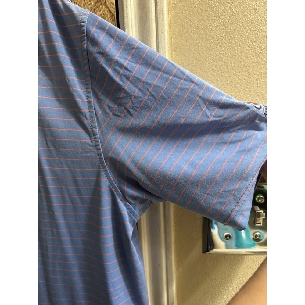 Peter Millar Summer Comfort Mens XL Polo Shirt Blue Pink Striped TX Golf Patch